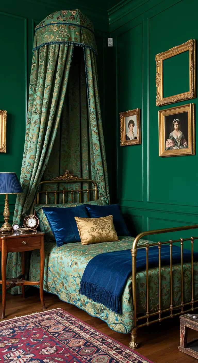 A luxurious bedroom drenched in emerald green, with a fabric canopy and gold-framed art.