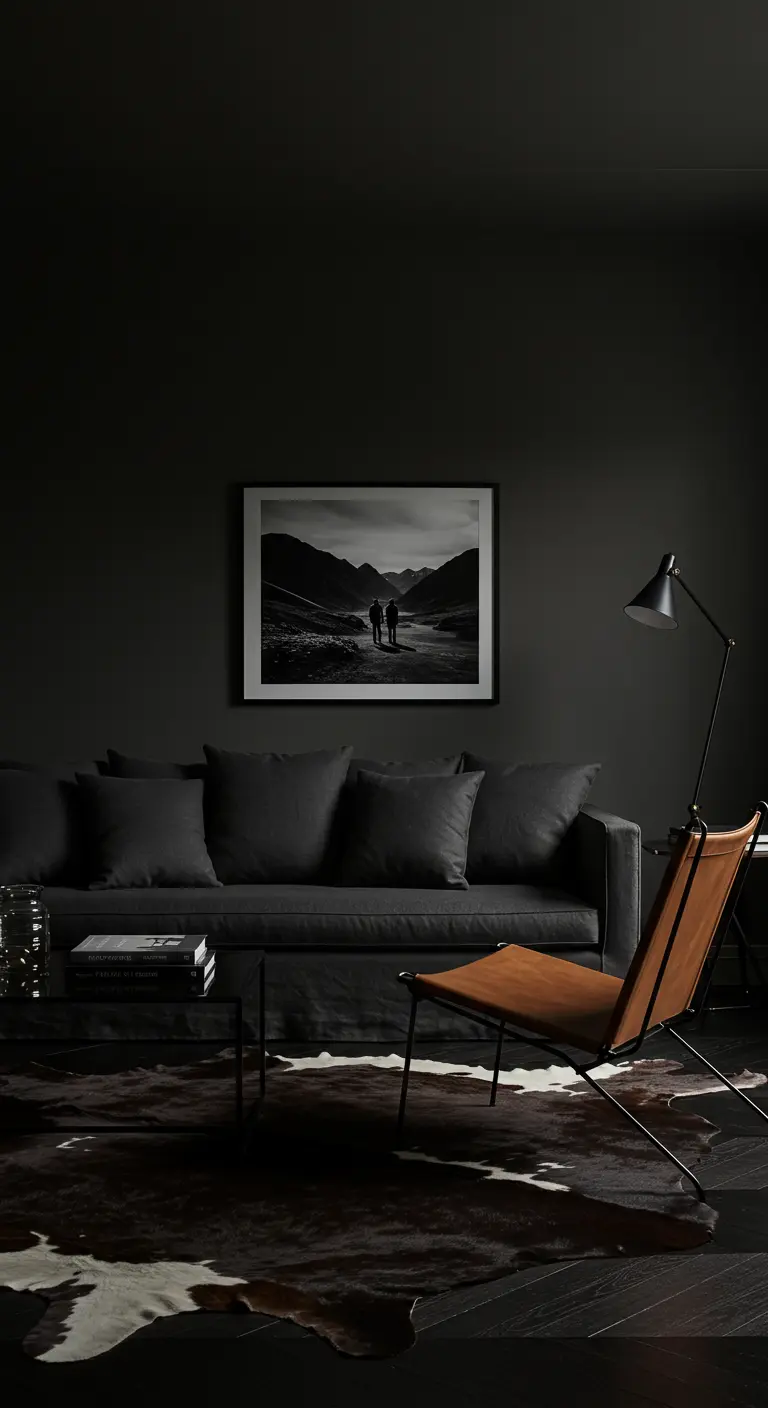 Monochromatic dark living room with a charcoal sofa, leather chair, and hide rug.