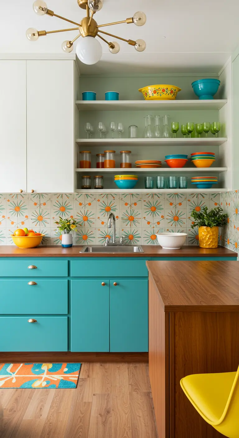 A colorful mid-century kitchen with teal cabinets and a patterned floral tile backsplash.
