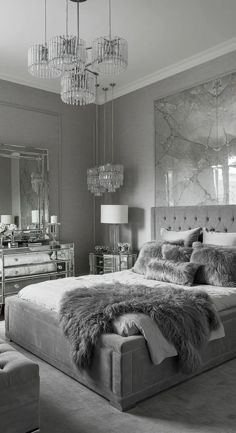 All-grey bedroom with faux fur, a marble wall, and mirrored furniture.