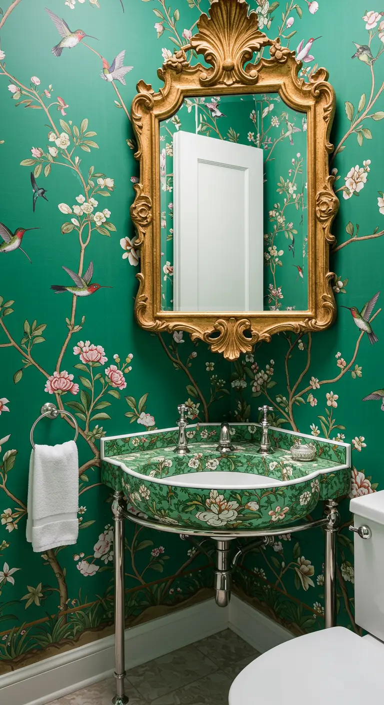 Vibrant green Chinoiserie bathroom with a matching patterned corner sink.