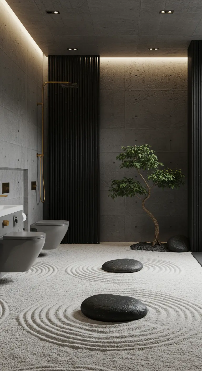 A bathroom featuring a true Zen garden with raked white sand and carefully placed dark stones.
