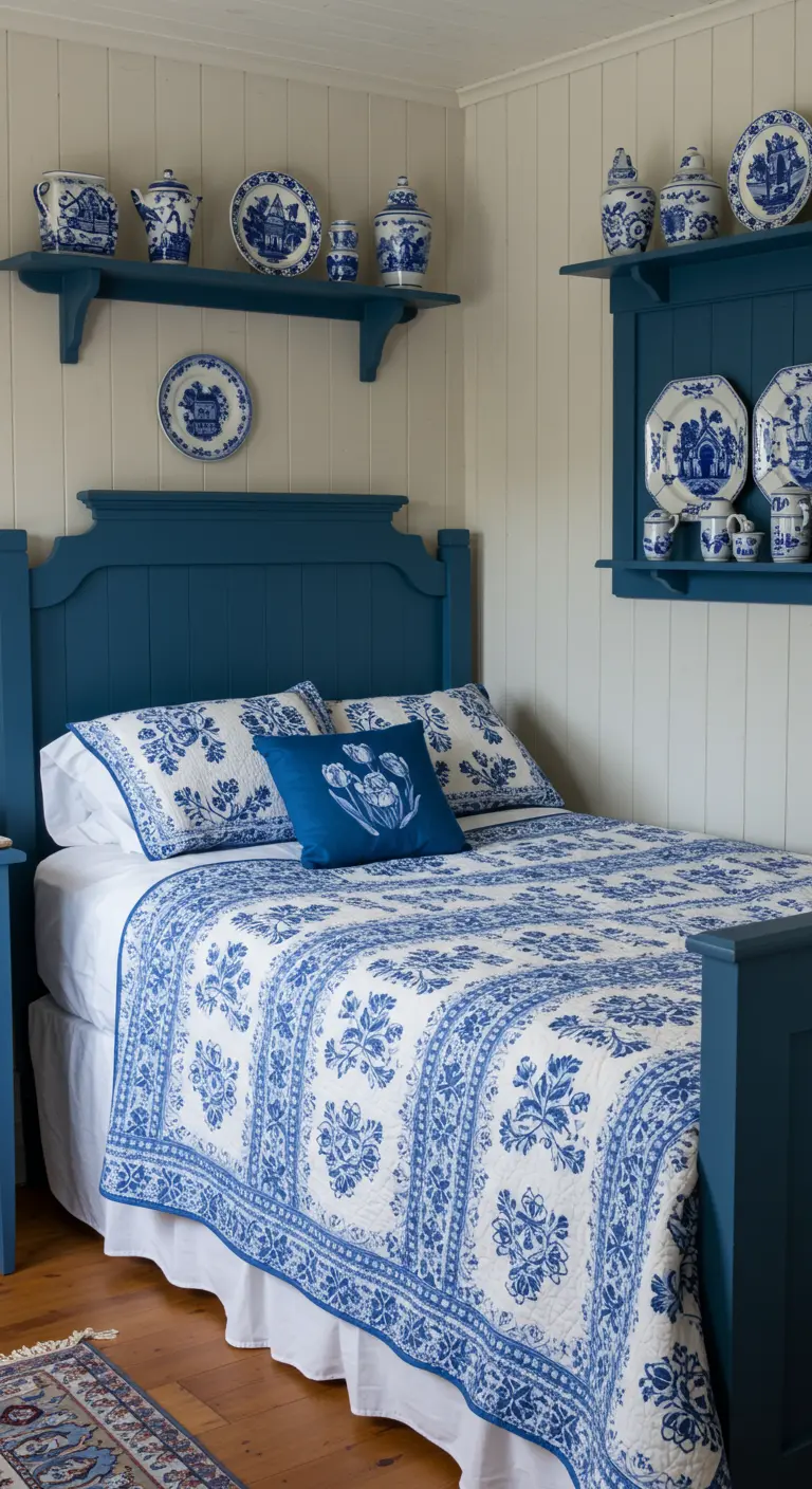 Blue bed frame and shelves with a blue and white quilt and matching china.