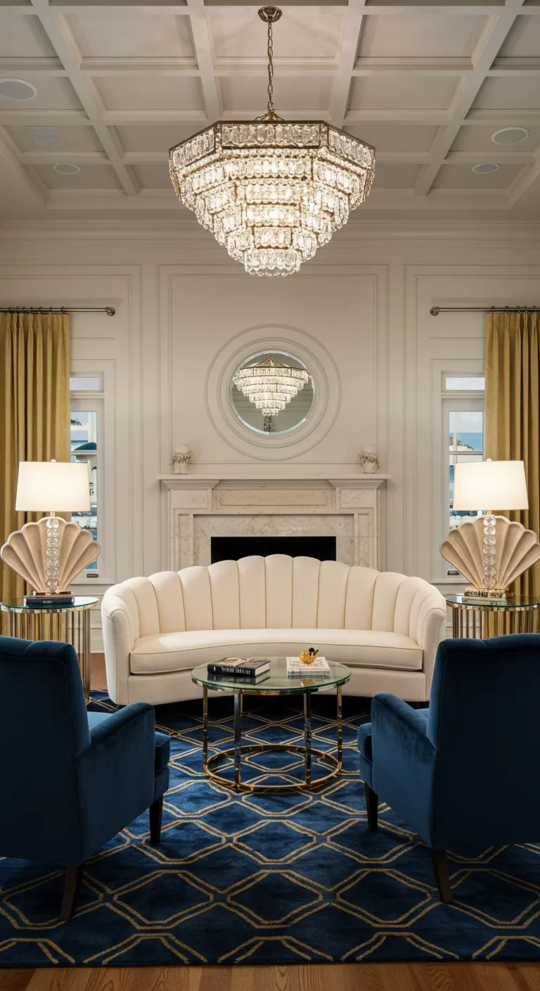 Glamorous living room with a geometric blue rug, navy chairs, and a large crystal chandelier.