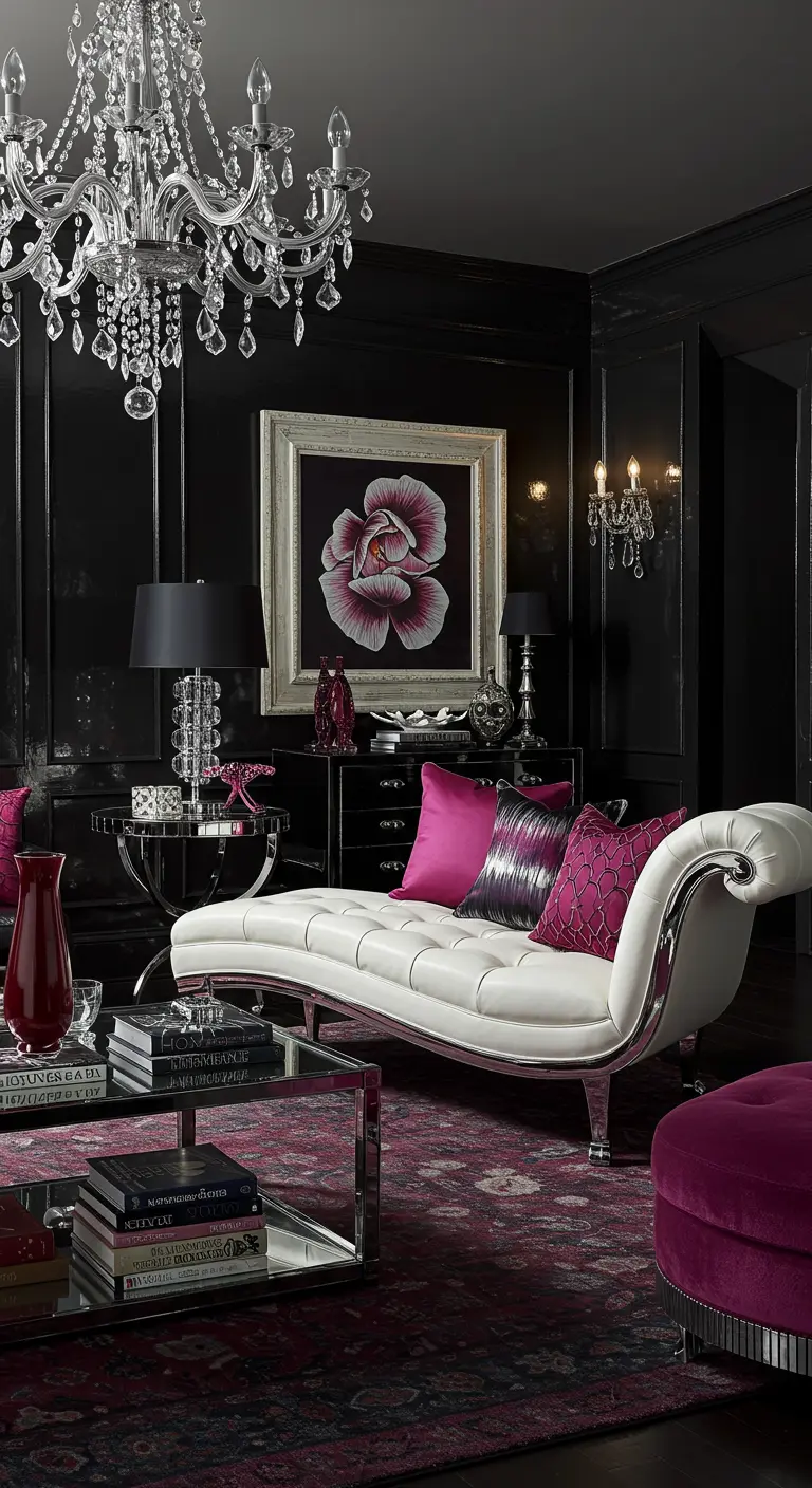 A glamorous room with glossy black walls, a crystal chandelier, and magenta accents.