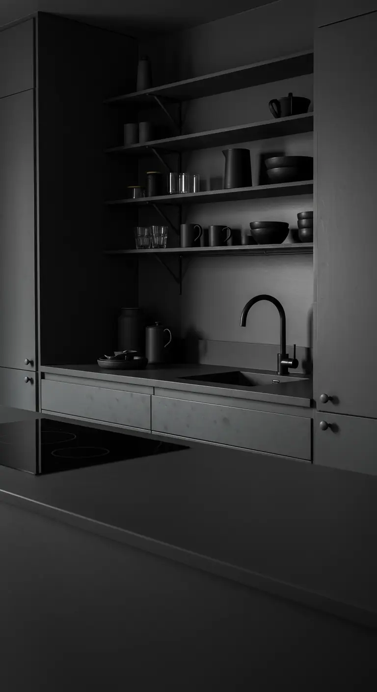 A minimalist, almost entirely black kitchen with matte finishes and very dim, moody lighting.