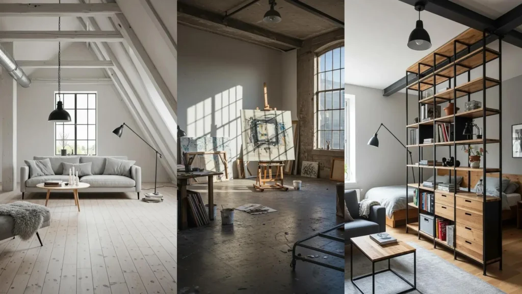 Industrial-style urban lofts with high ceilings, large windows, and minimal furniture, perfect for compact living.