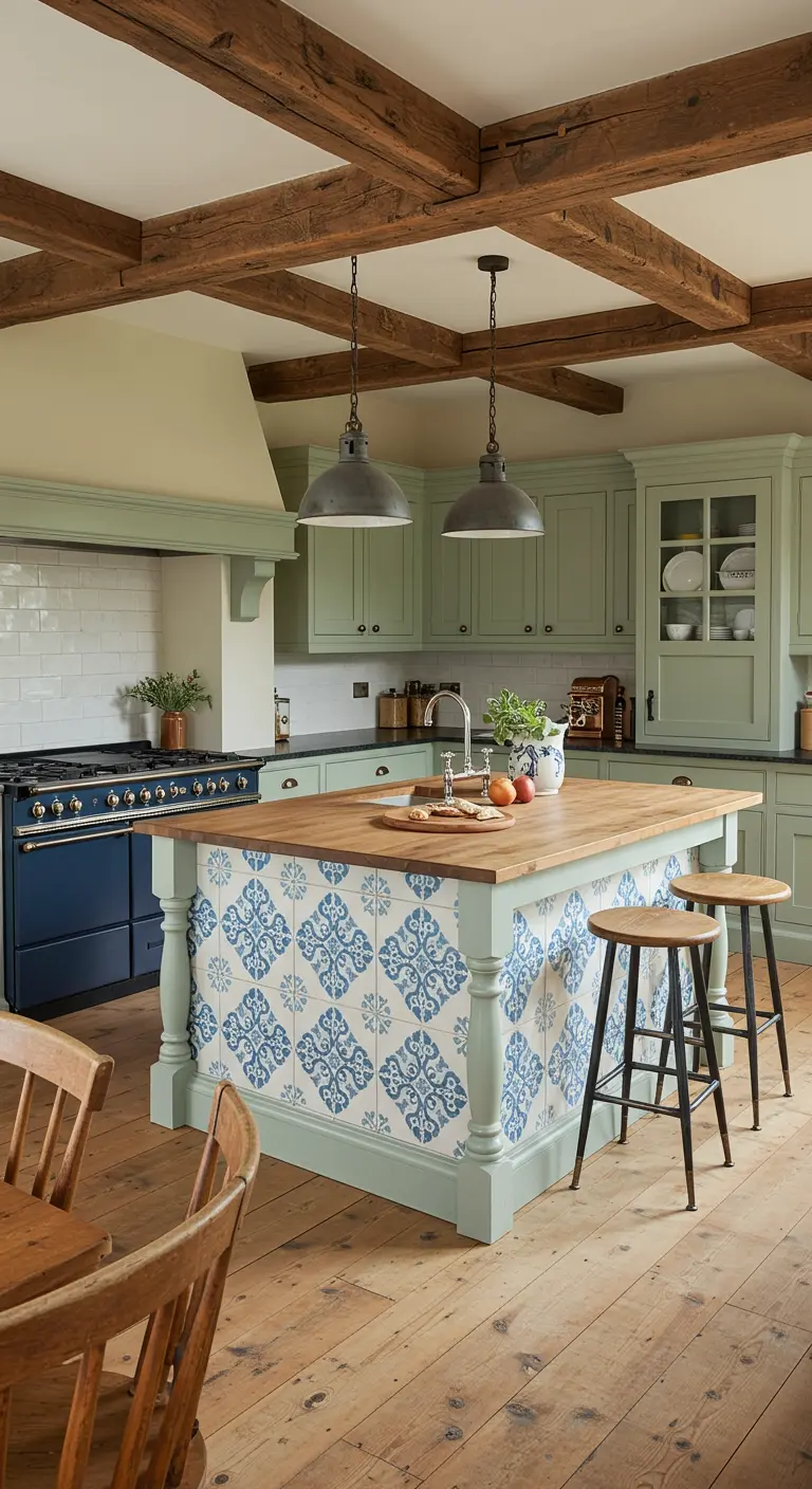 A sage green kitchen with a blue and white patterned tile island and a dark blue range cooker.