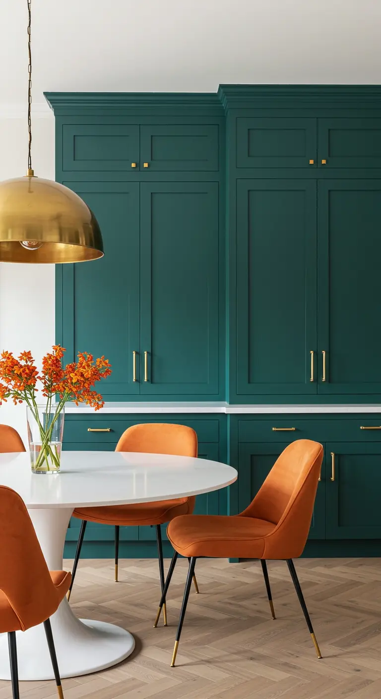 Kitchen dining nook with orange velvet chairs set against deep teal cabinetry.