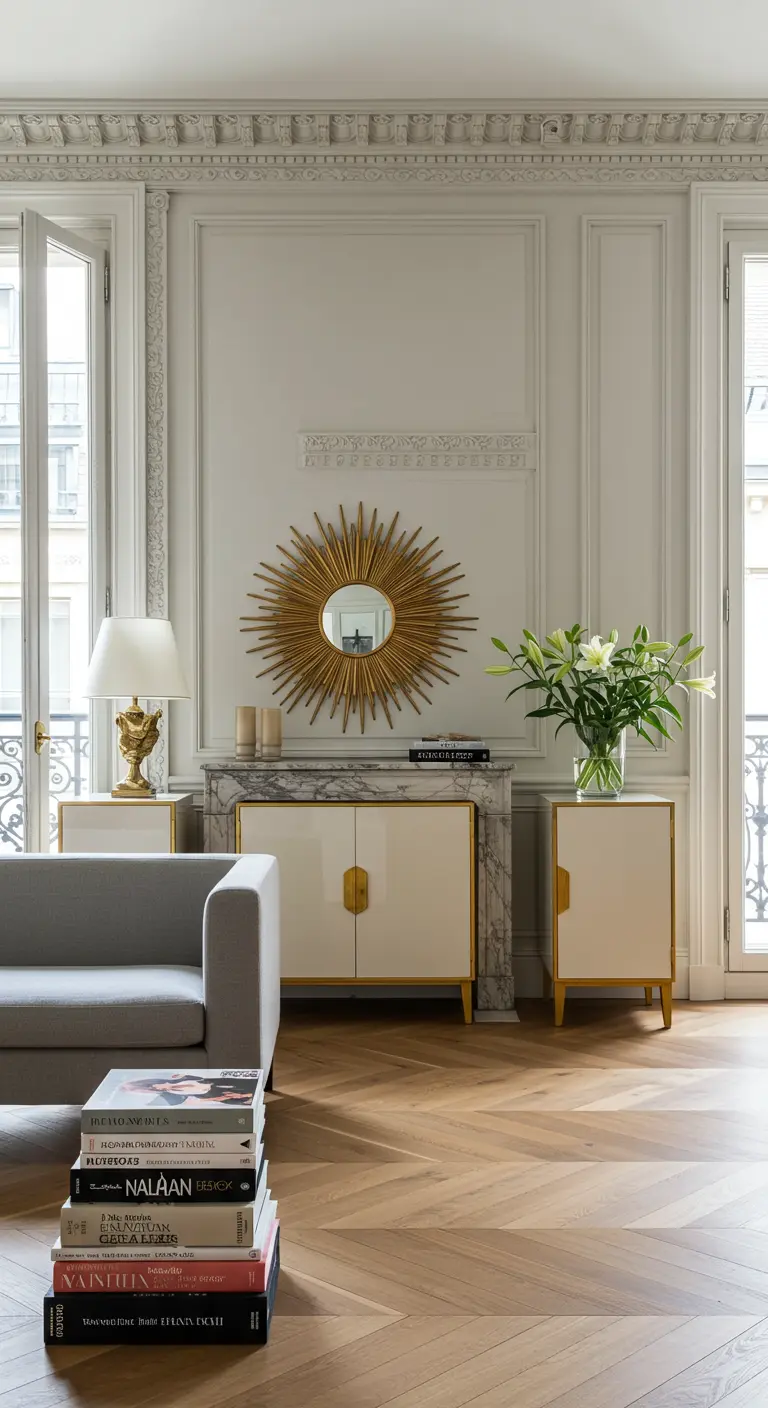 Parisian apartment with herringbone floors, a marble fireplace, and cream lacquer side cabinets.