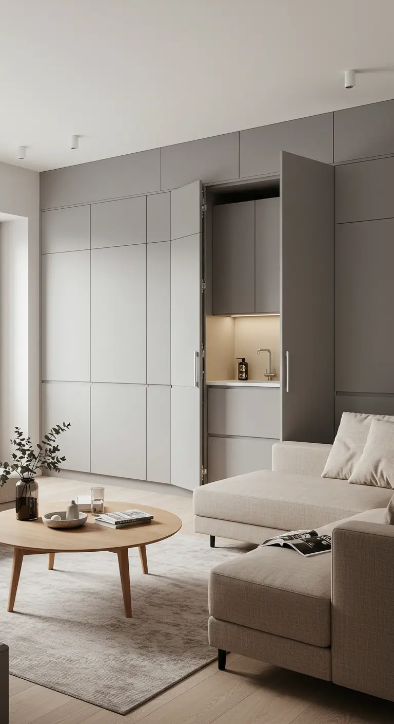 Gray cabinet wall with bifold doors opening to reveal a hidden kitchenette with a sink.