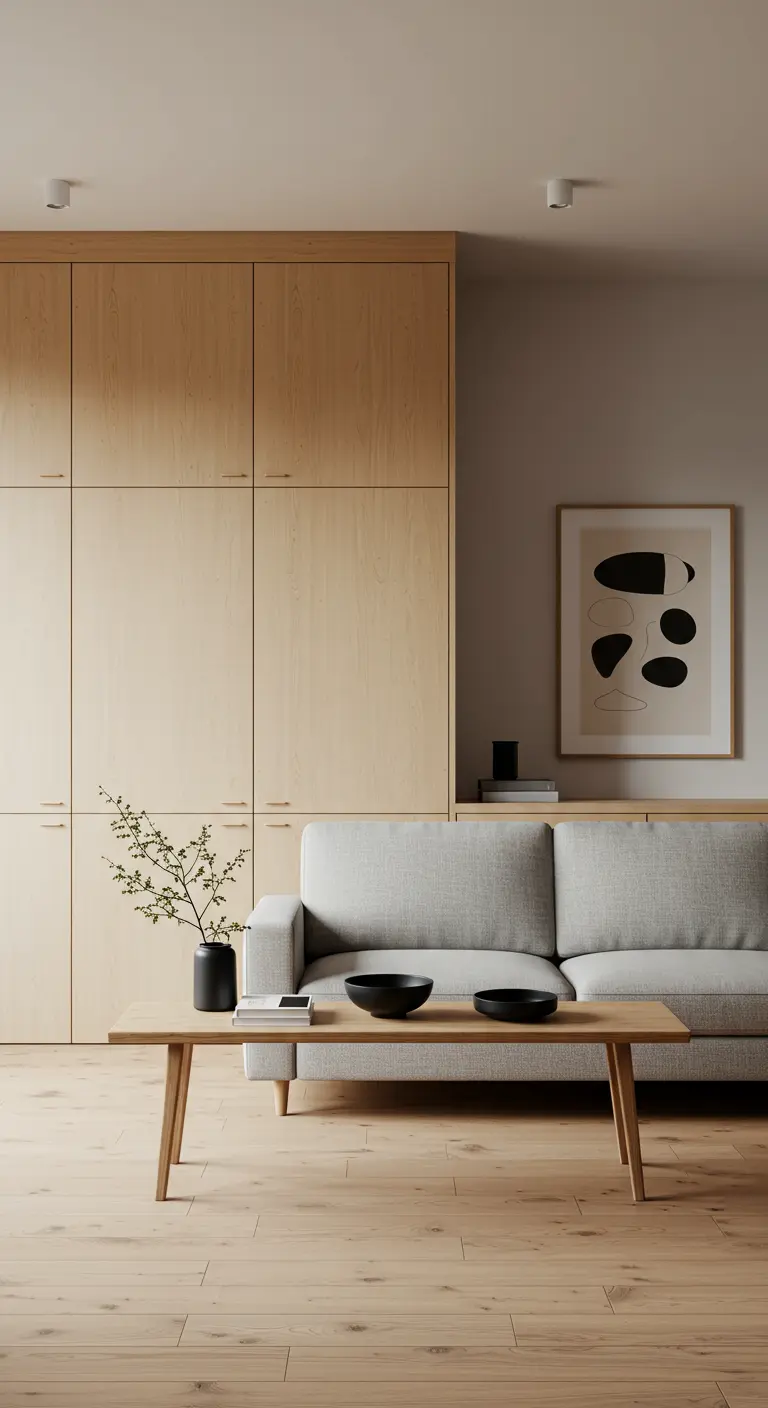 Light wood, floor-to-ceiling handleless cabinets next to a simple grey sofa.