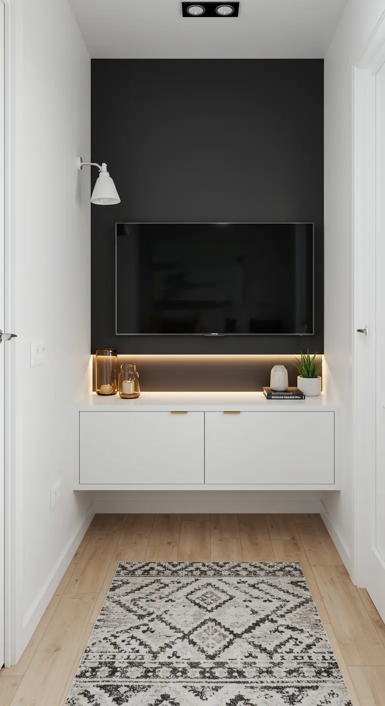 A white floating console in a niche with a black back wall where a TV is mounted.