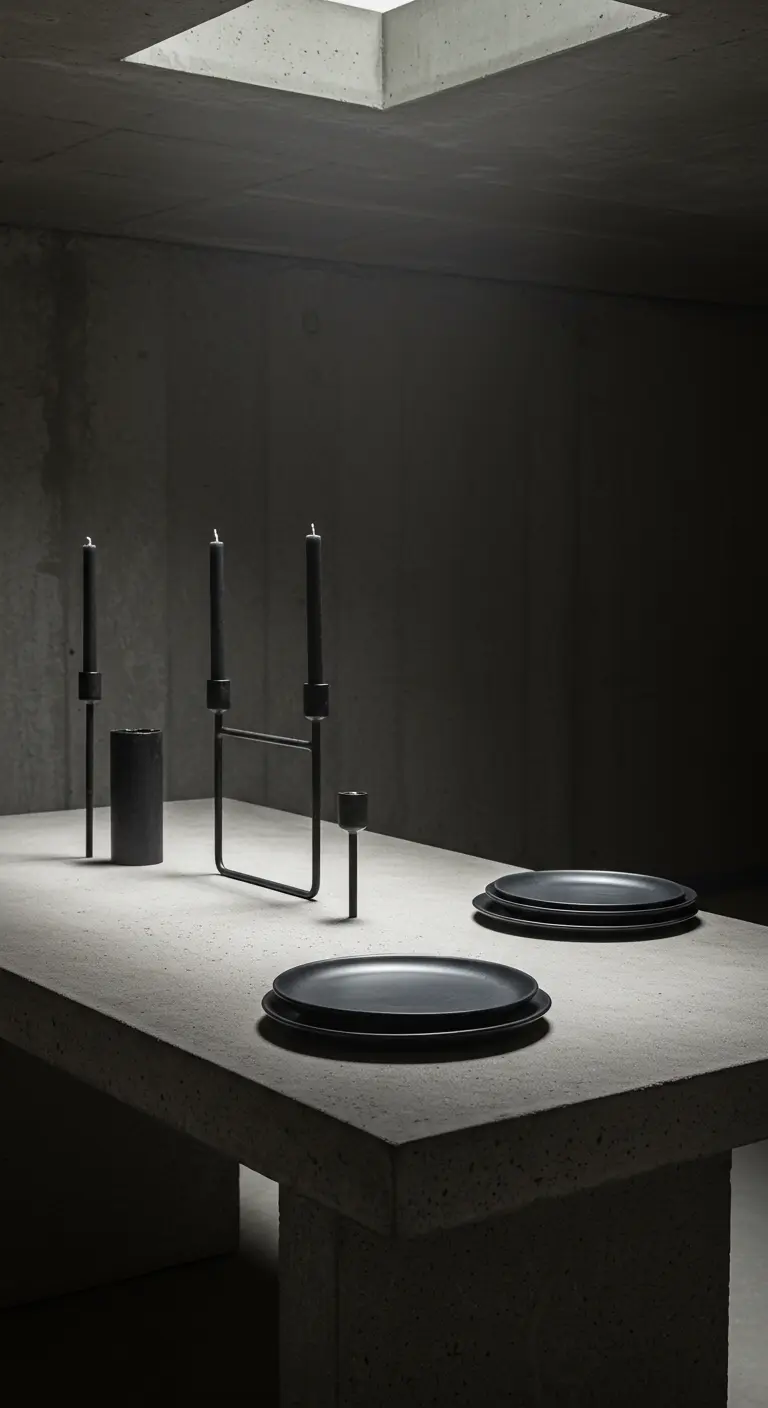 A minimalist concrete table with stacked black plates and modern black candle holders.