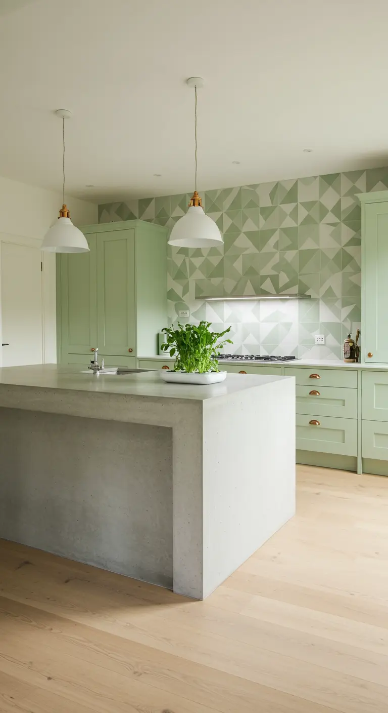 Pale green kitchen with a large concrete island and geometric wall tiles.