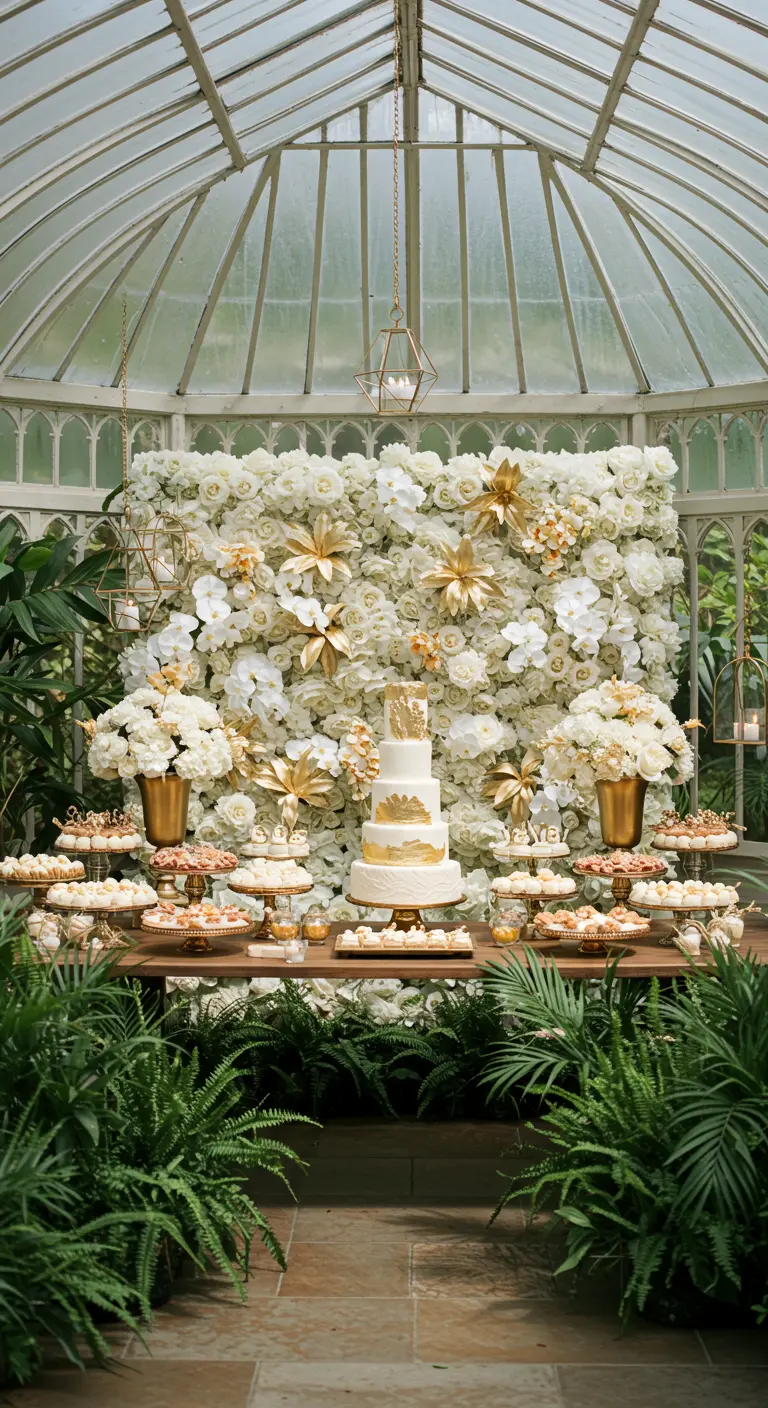 A dessert table with a white and gold cake set against a white flower wall with gold floral accents.