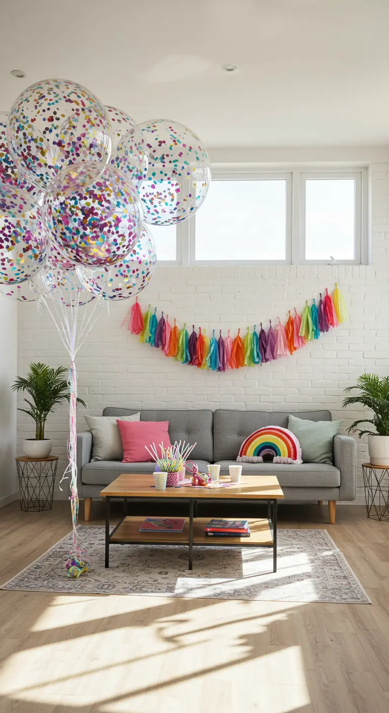 Living room with a large bouquet of confetti balloons and a rainbow tassel garland on a white brick wall.