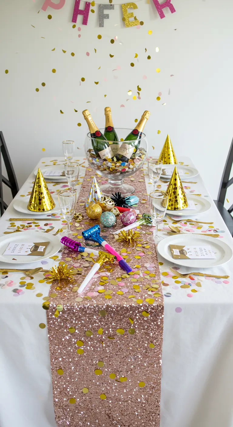 A fun, messy party table with a rose-gold runner, confetti, party hats, and champagne.