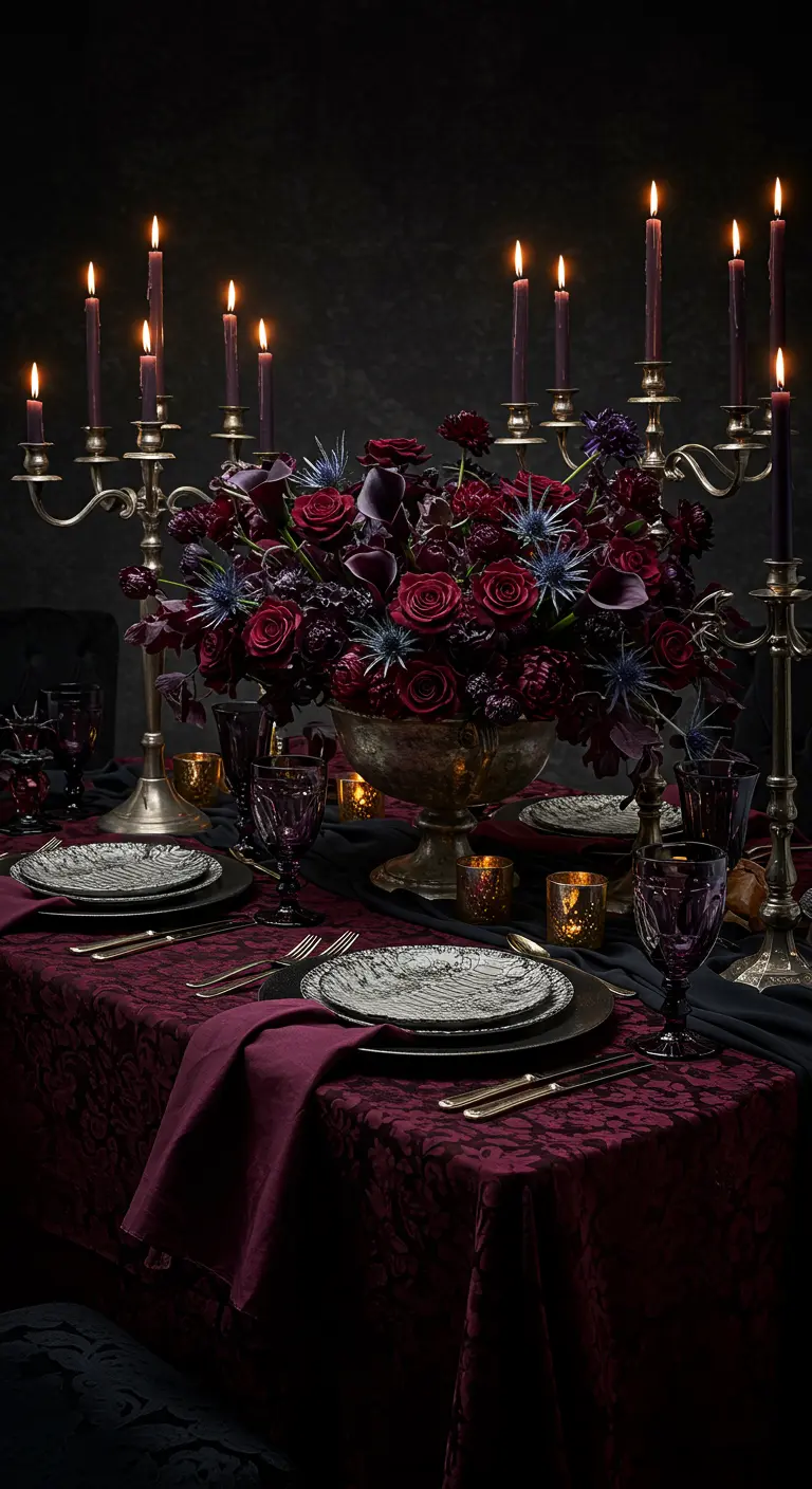 A moody, gothic-inspired tablescape with deep red linens, black candles, and dark floral arrangements.