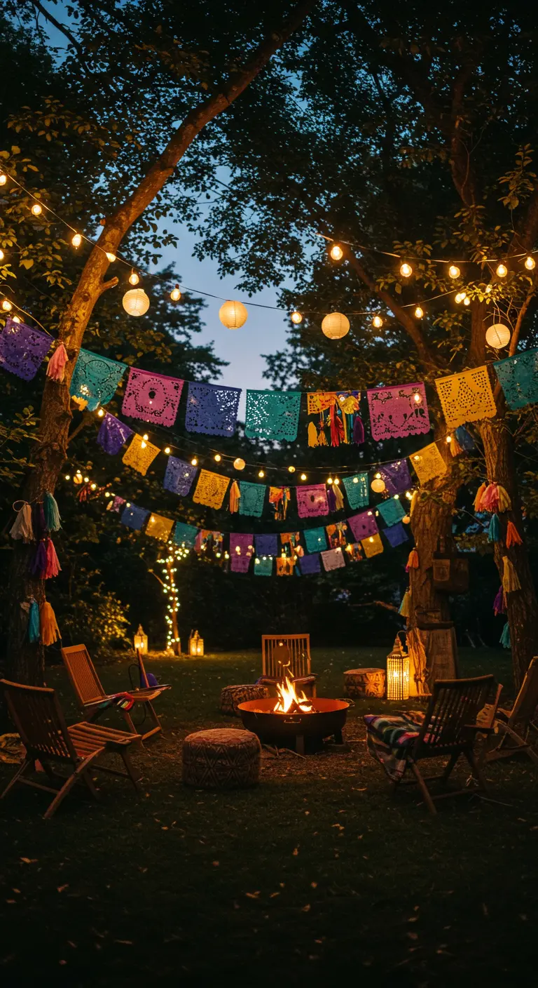 A nighttime garden scene with papel picado banners, string lights, and paper lanterns around a fire pit.
