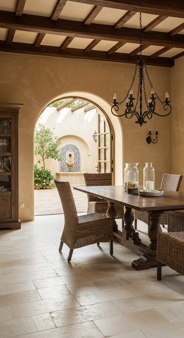 Tuscan-style dining room with a large archway opening to a sunlit courtyard with a fountain.