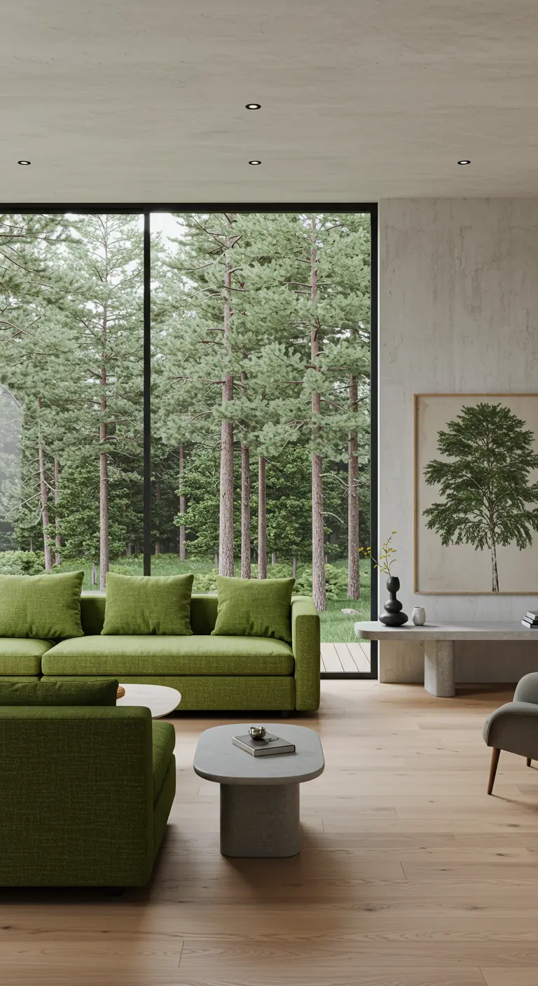 Living room with an olive green sofa and a large window looking out into a dense pine forest.