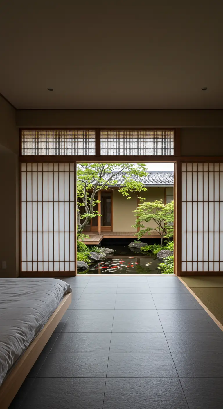 Bedroom with large open doors revealing a Japanese garden with a koi pond.