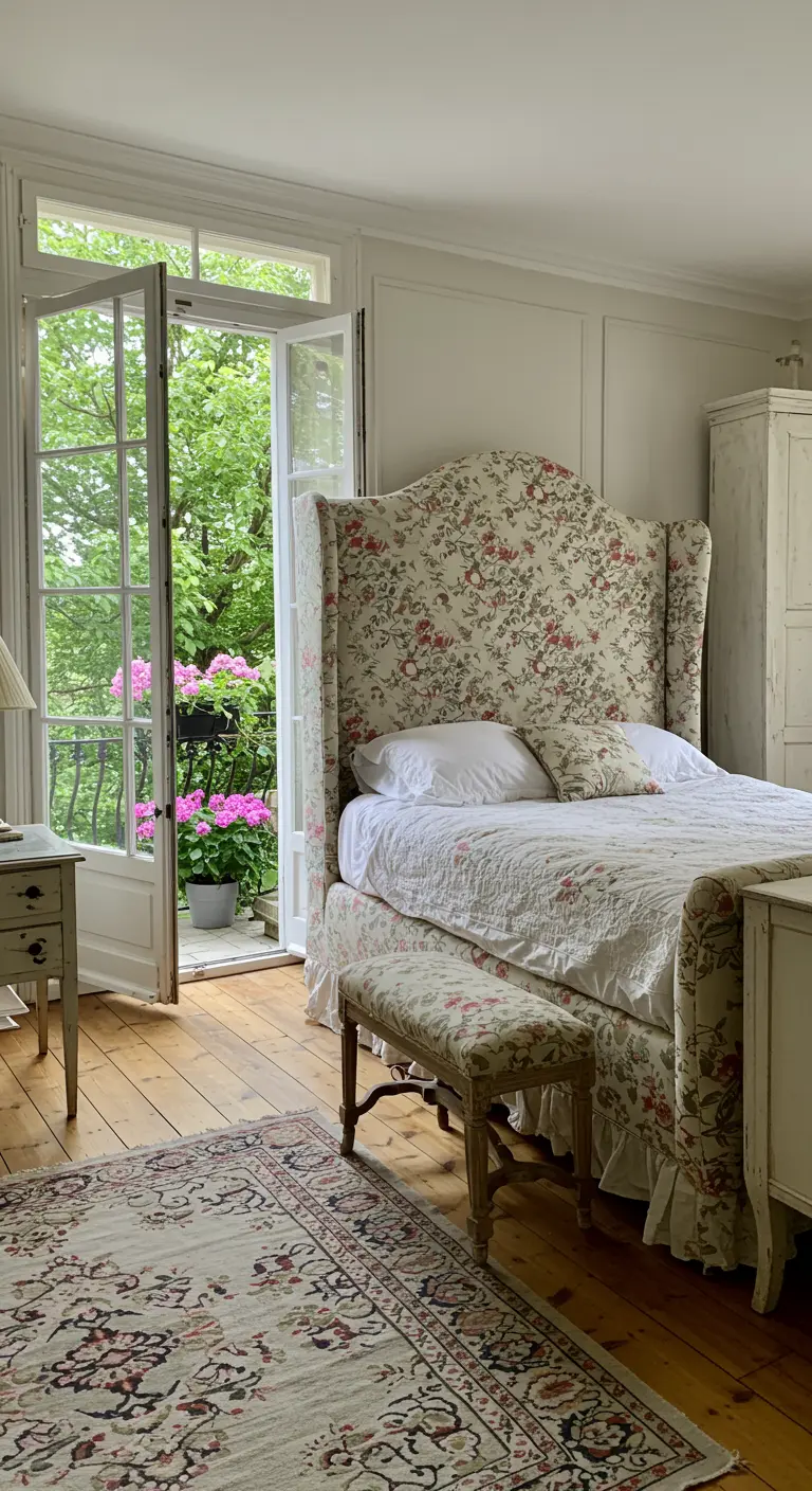 Bedroom with a floral wingback bed and open French doors leading to a lush garden.