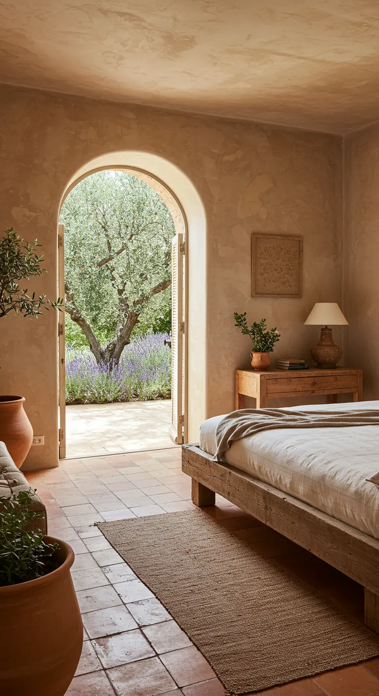 Rustic bedroom with plaster walls and an arched doorway opening to a lavender garden.