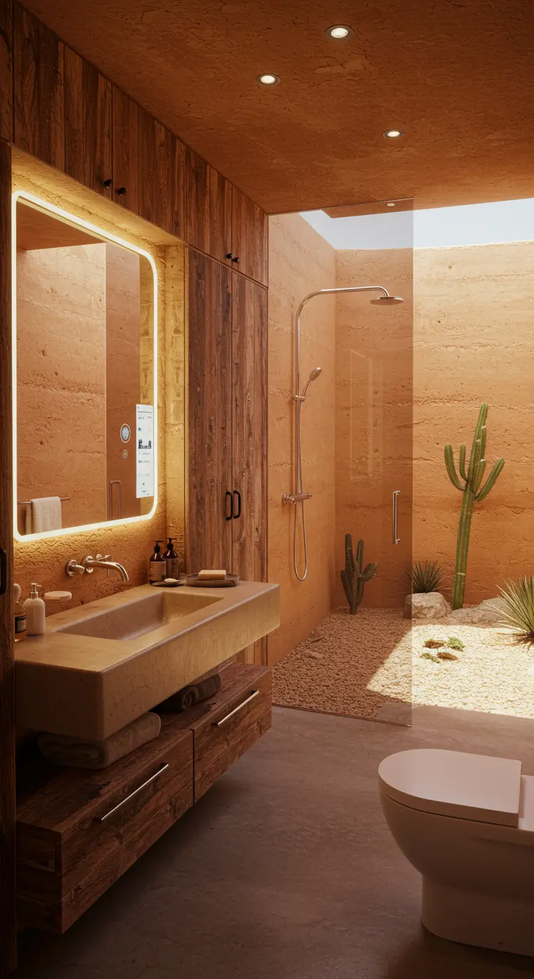 Desert-style bathroom with rammed earth walls and an open shower.