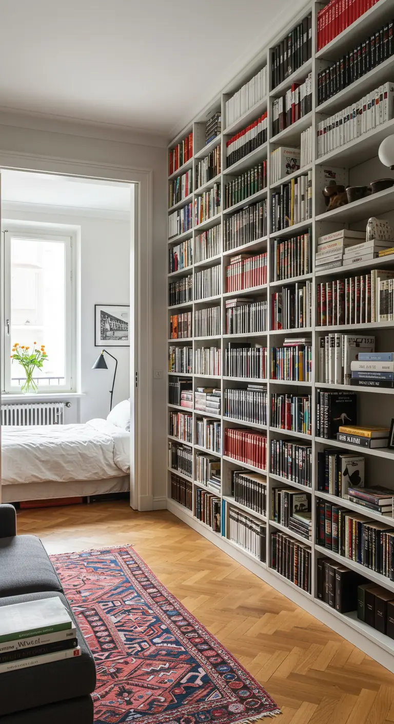 A floor-to-ceiling library wall runs the length of an apartment, past a bedroom door.
