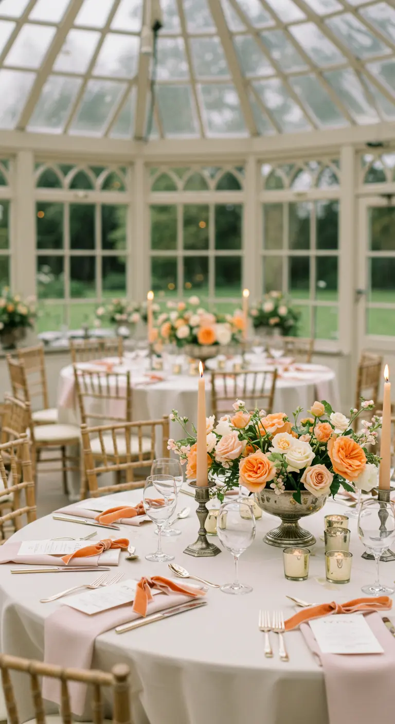 Bright wedding table with peach and coral rose centerpieces and velvet ribbon on the napkins.