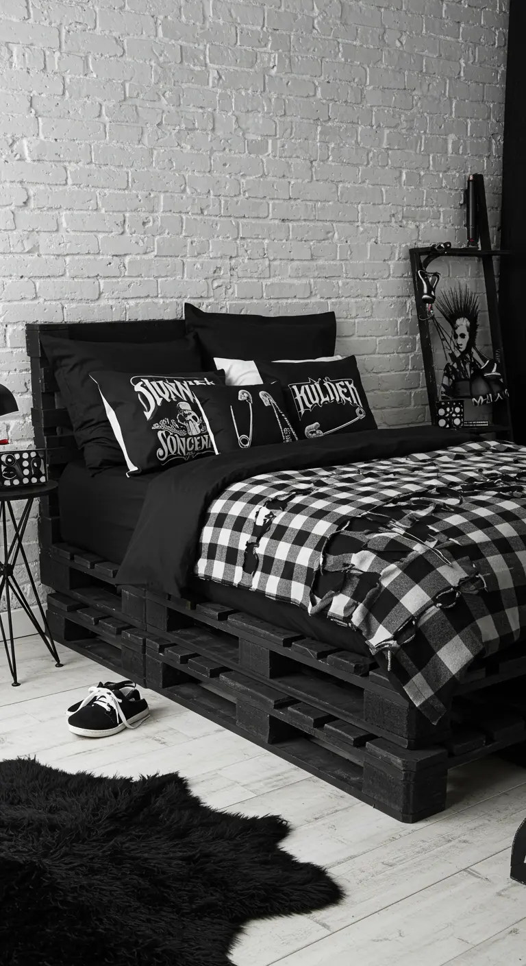 Bedroom with a black painted pallet bed, punk-style pillows, and a distressed plaid blanket.