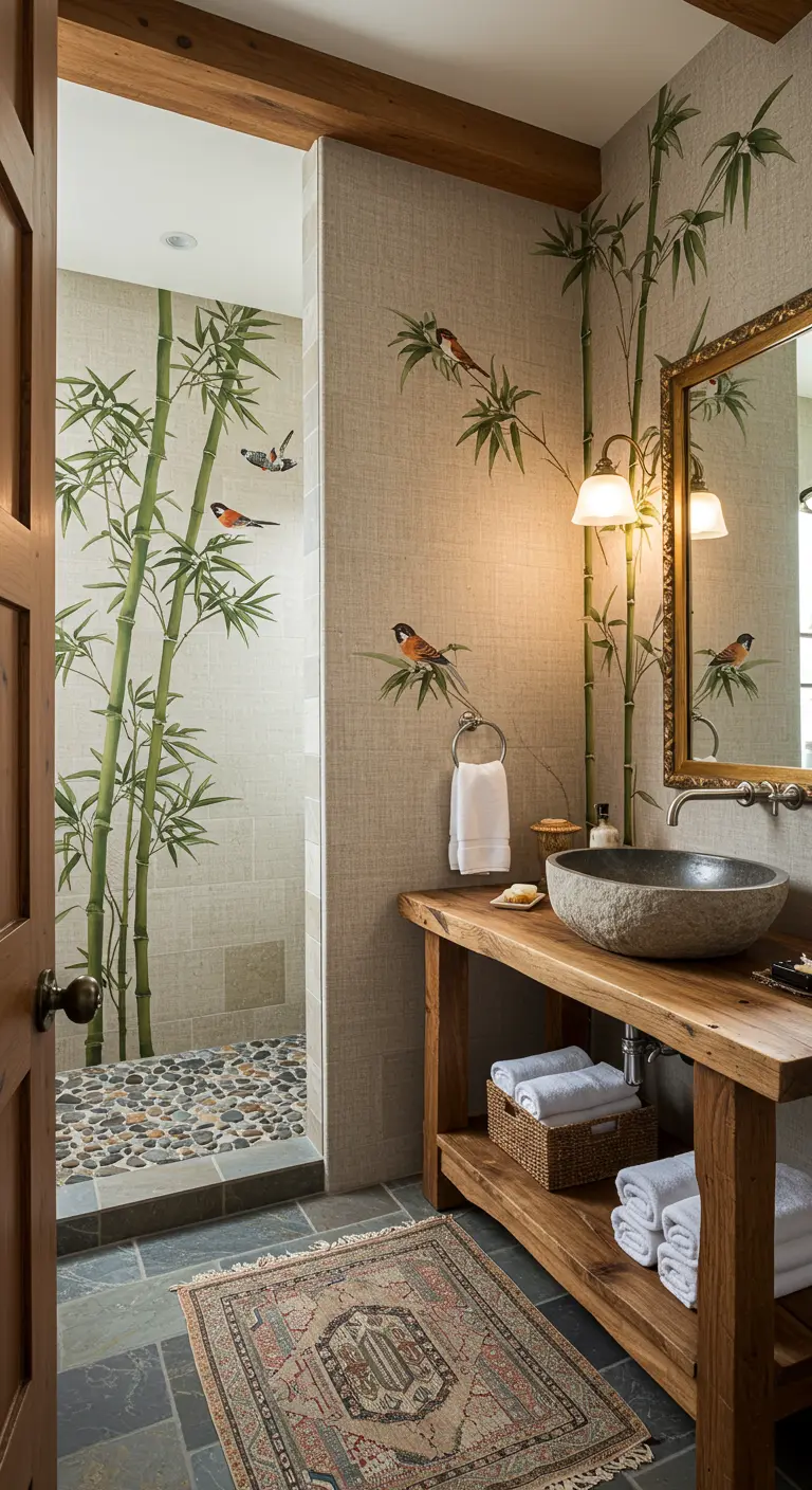 Bathroom with bamboo mural extending into the shower and a rustic wood vanity.
