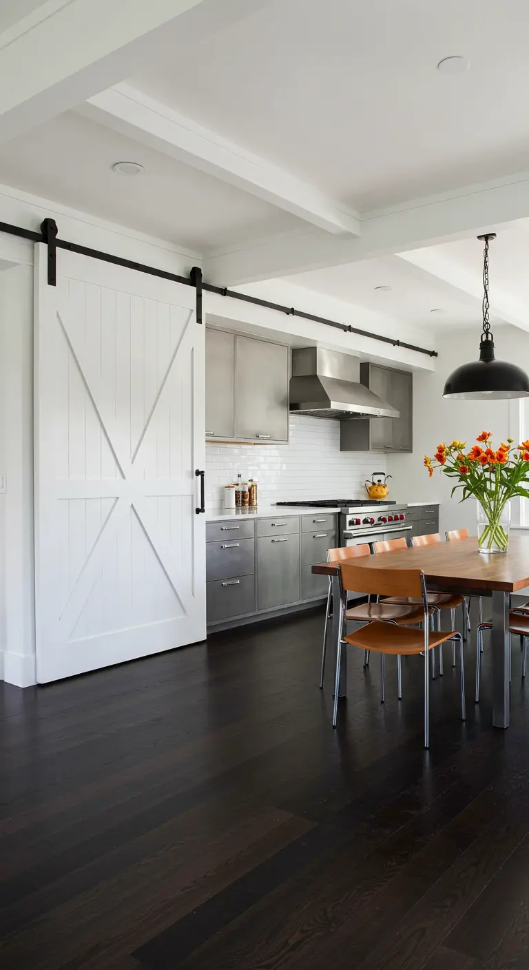 Kitchen with stainless steel lower cabinets and a large white barn door covering a pantry.