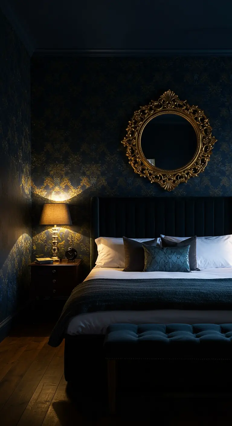 Round gold mirror above a dark blue headboard in a moody, low-lit bedroom.