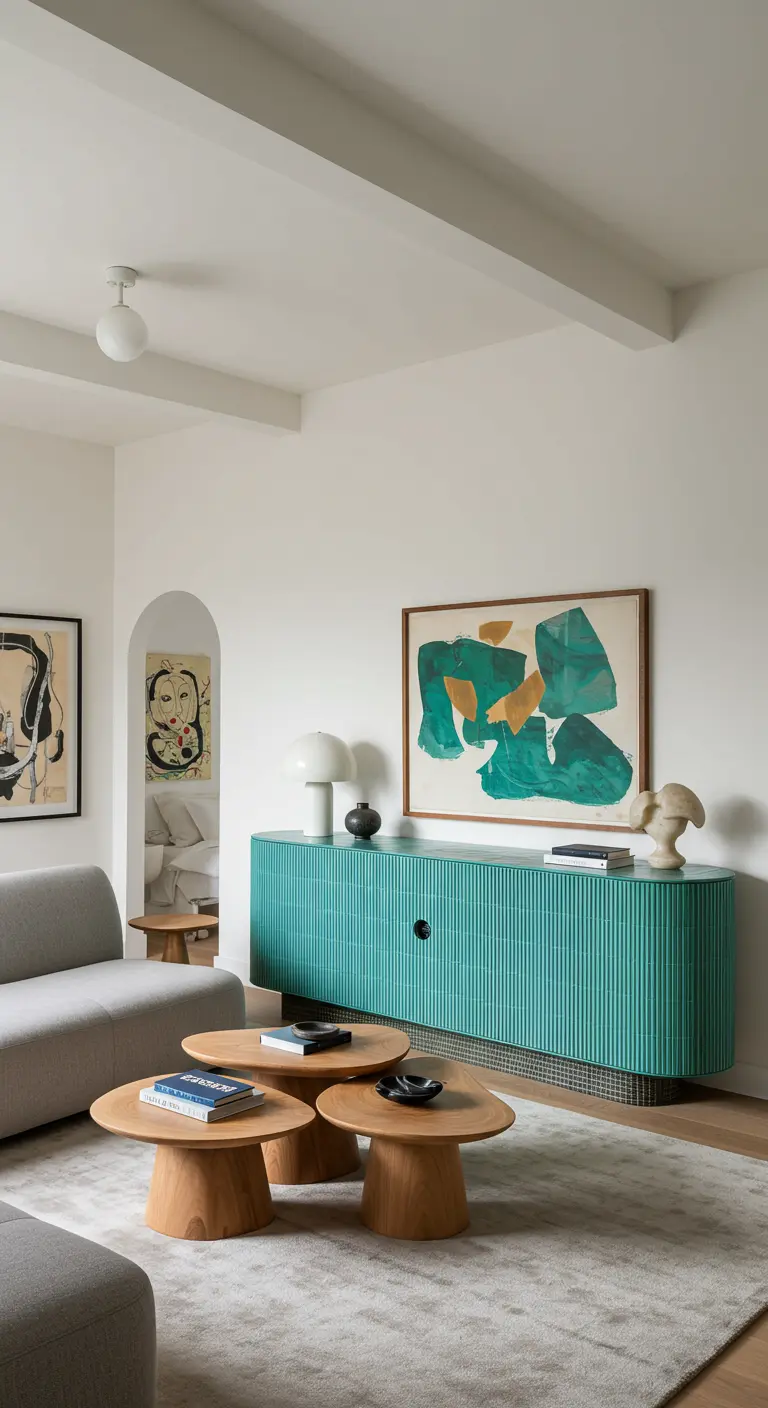 Modern living room with a gray sofa and a striking teal fluted wood credenza.