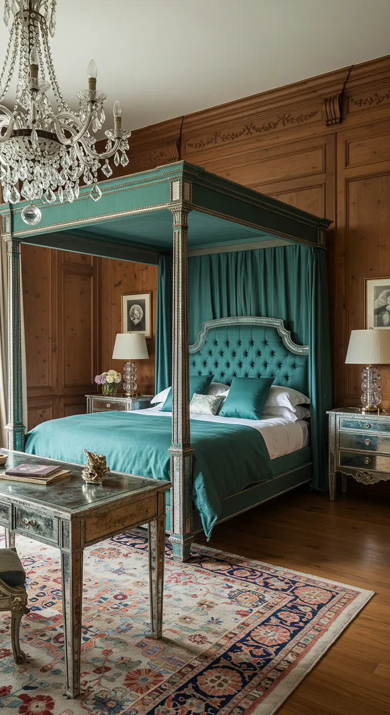 Traditional wood-paneled bedroom with a teal four-poster canopy bed and a mirrored desk.