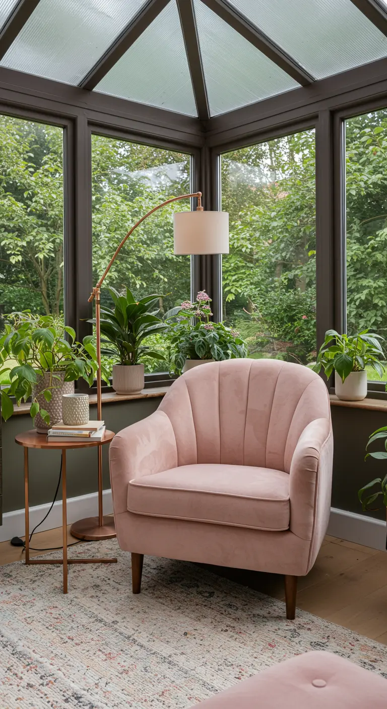 Sunroom with a blush pink scalloped armchair and dark green window frames.