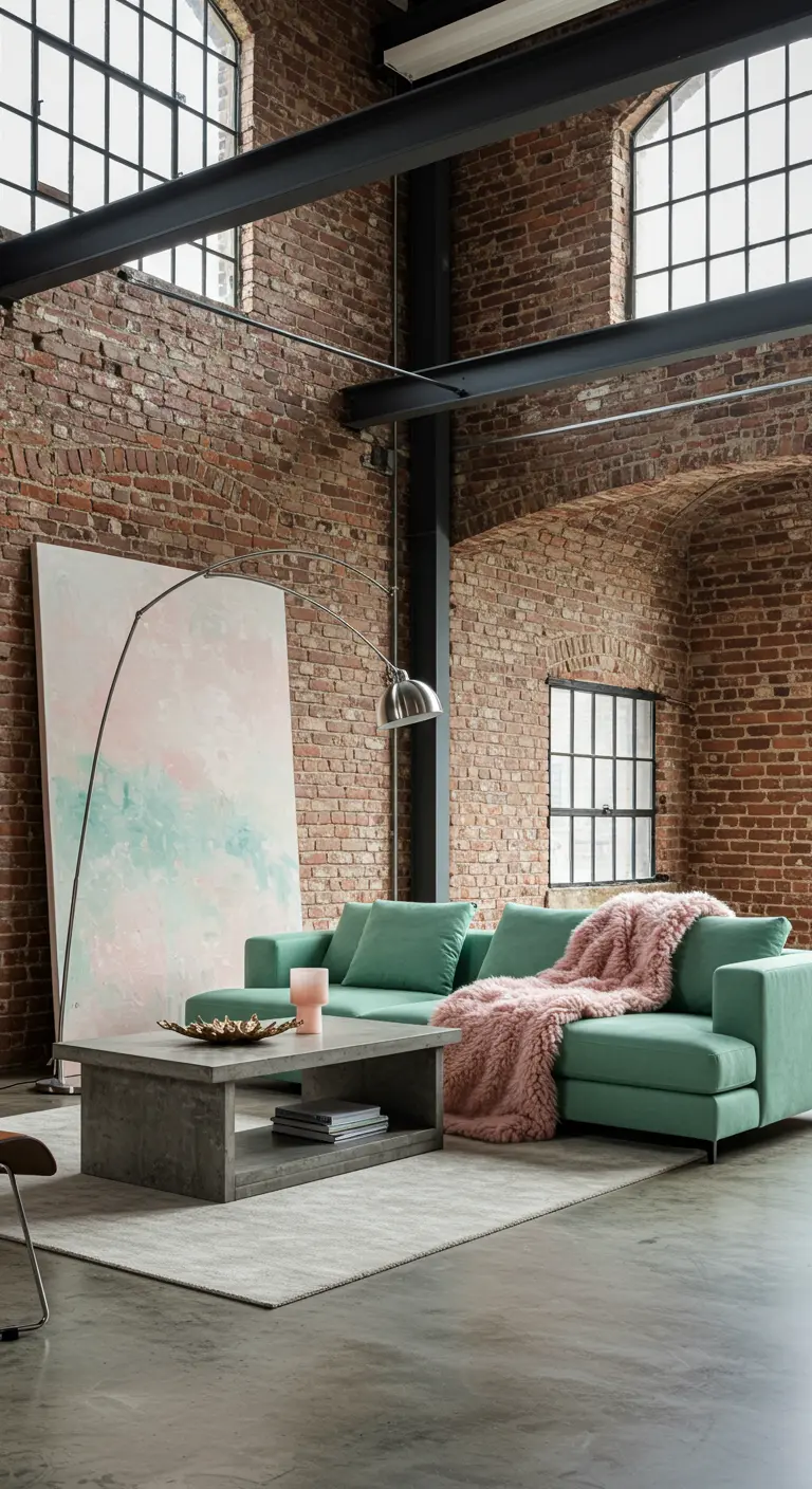 An industrial loft with exposed brick walls, a mint green sofa, and a large abstract painting.