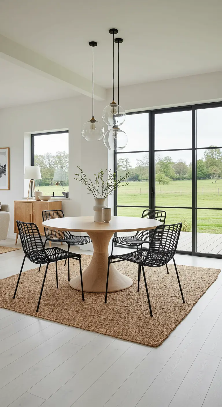 Modern dining room with a round wood table, black chairs, and glass globe pendants on a jute rug.