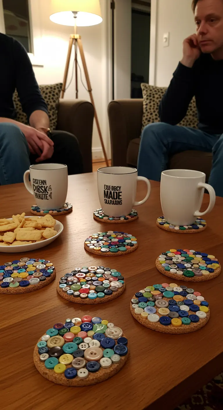 Colorful button-covered cork coasters on a wooden table holding mugs and snacks.