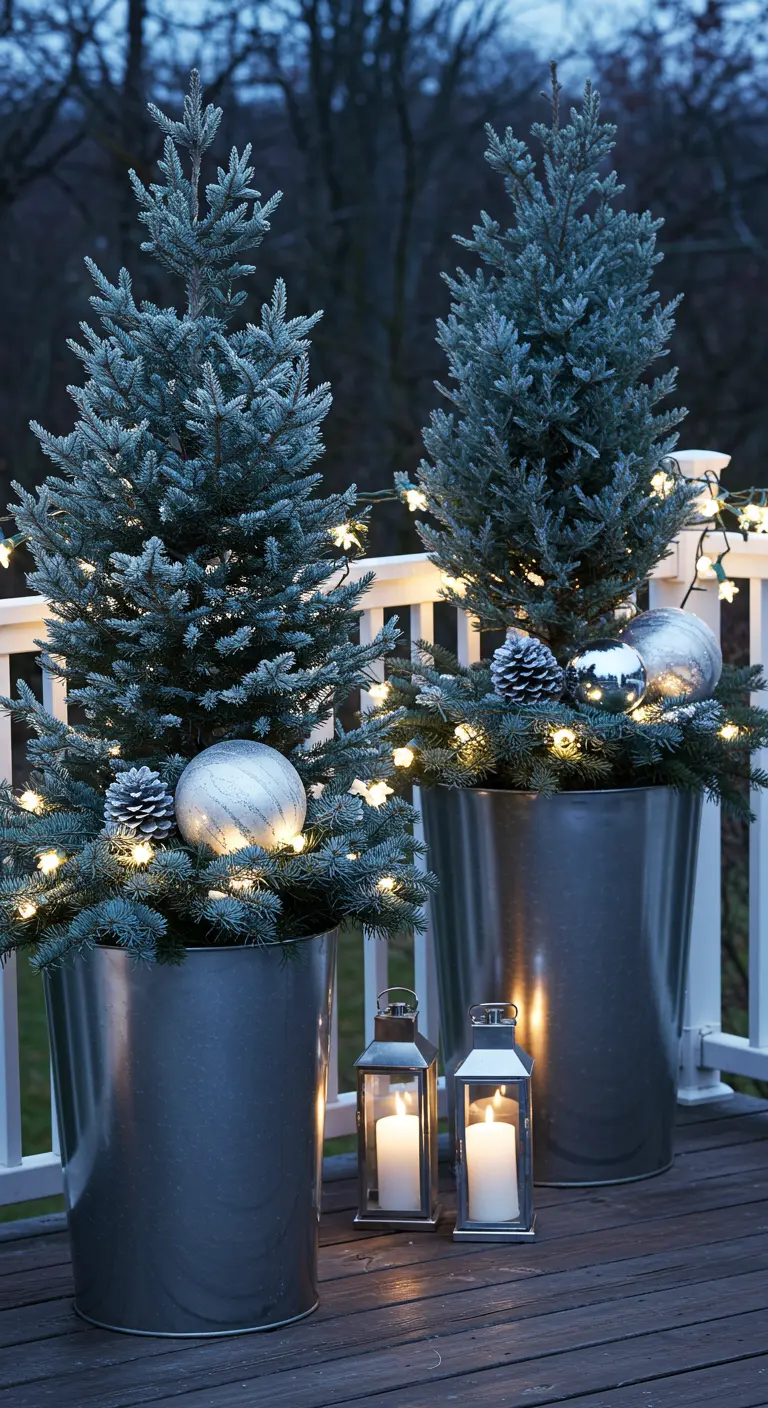 Two galvanized planters with blue spruce trees, silver ornaments, and star-shaped lights.