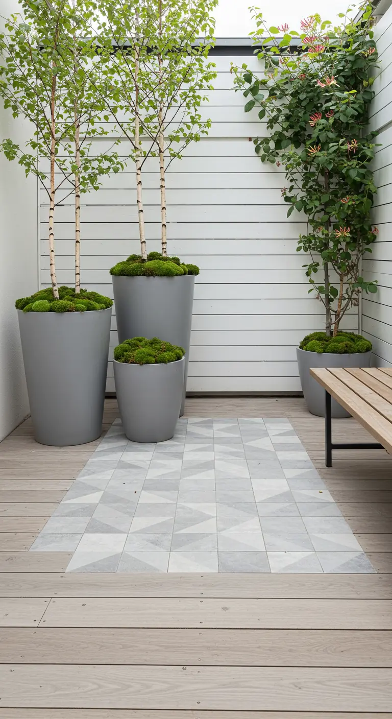 A modern patio with grey planters, birch trees, and a geometric tile inlay on the deck.