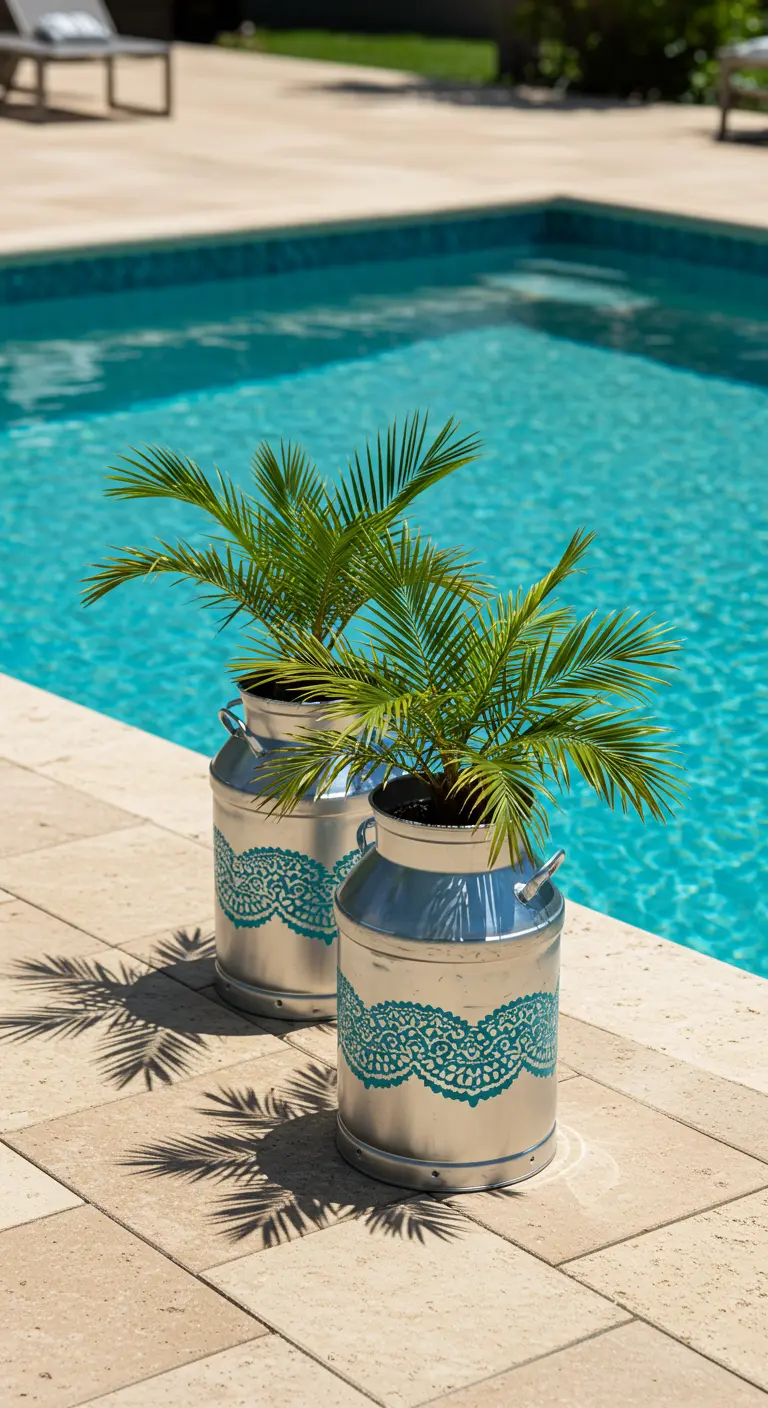 Two silver milk cans with turquoise lace stencils holding small palm trees by a swimming pool.