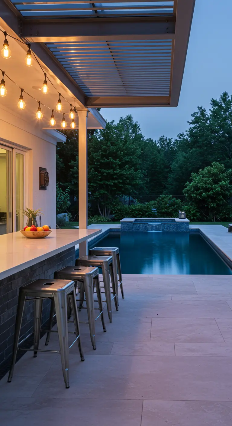 Sleek steel stools at a white poolside bar at dusk.