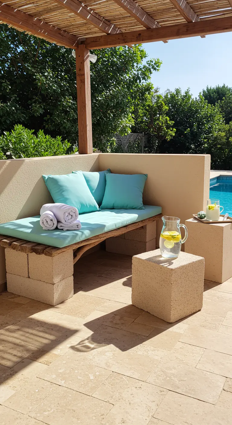 A poolside cinder block bench painted white with bright turquoise cushions.