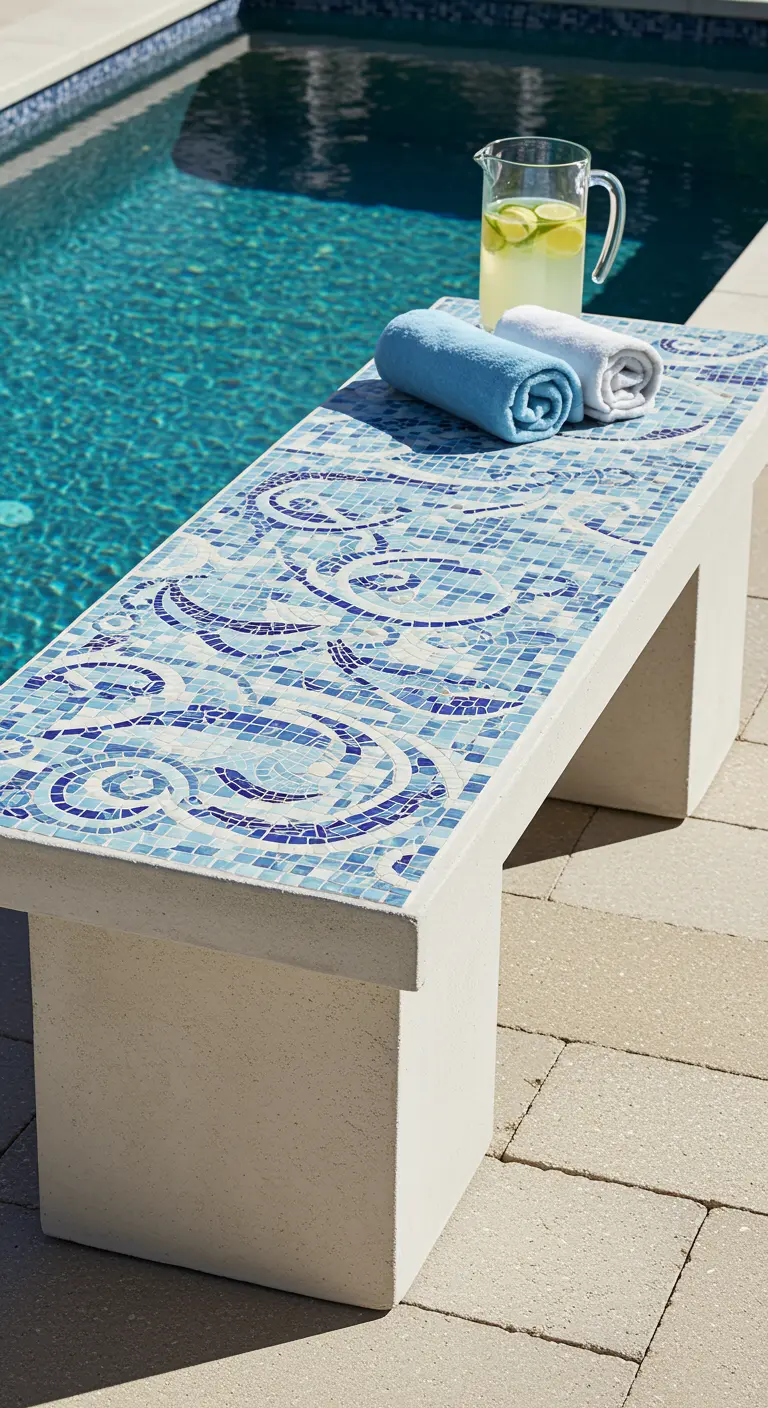 A white concrete bench by a pool, topped with a swirling blue and white wave-patterned glass mosaic.