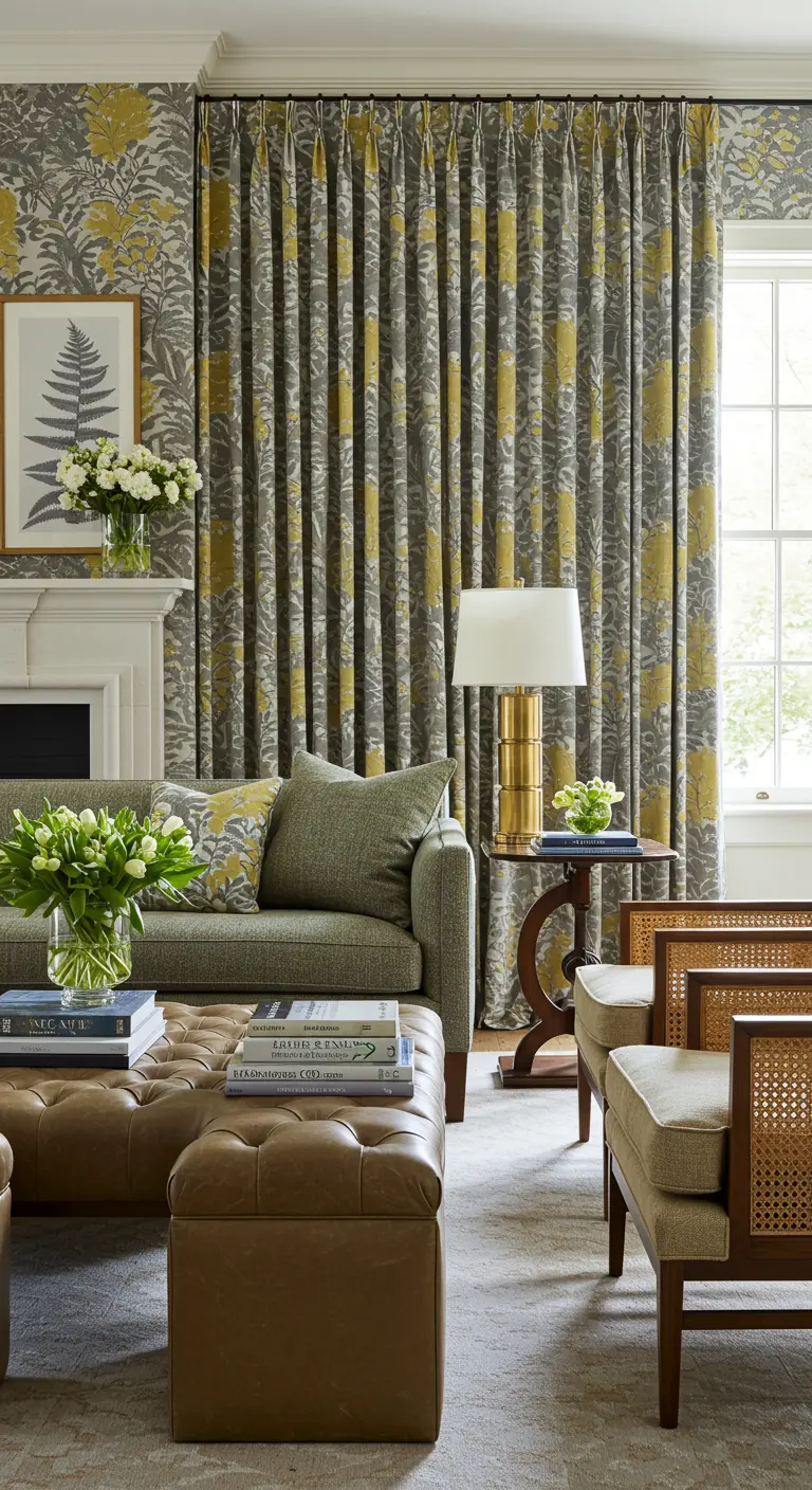 Living room with matching botanical print wallpaper and curtains in a grey and yellow pattern.