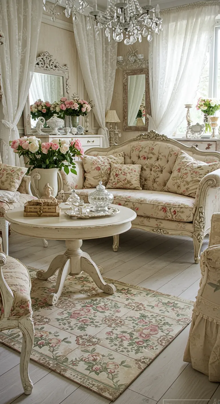 Shabby chic living room with floral sofas and a matching floral-patterned tile area rug.